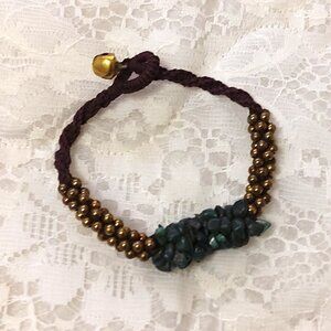 Vintage NEW Green Stone Beads Gold Beads Handmade Burgundy Thread Bracelet